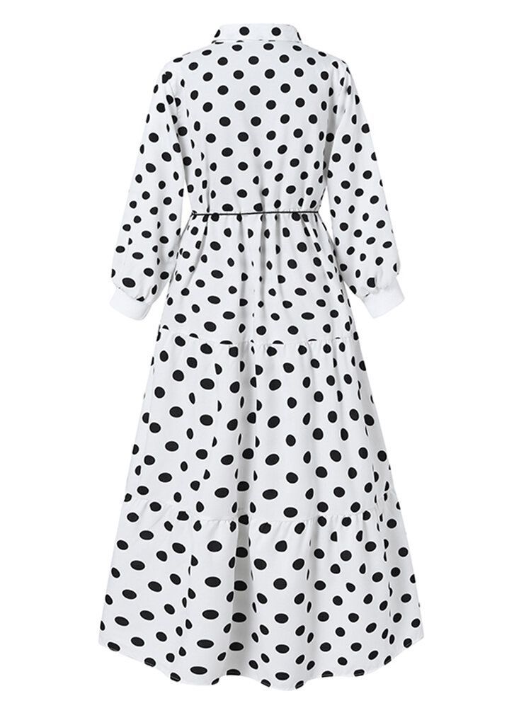 Mujeres Polka Dot Solapa Borla Con Cordones Manga Larga Casual Ruffle Maxi Vestidos