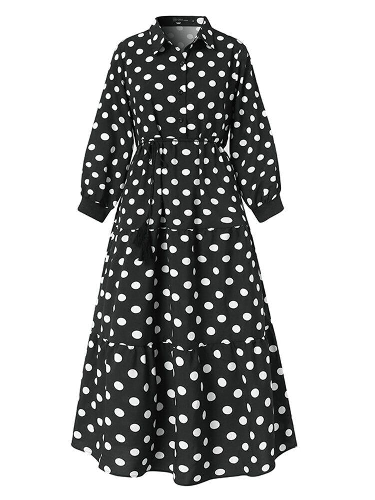 Mujeres Polka Dot Solapa Borla Con Cordones Manga Larga Casual Ruffle Maxi Vestidos