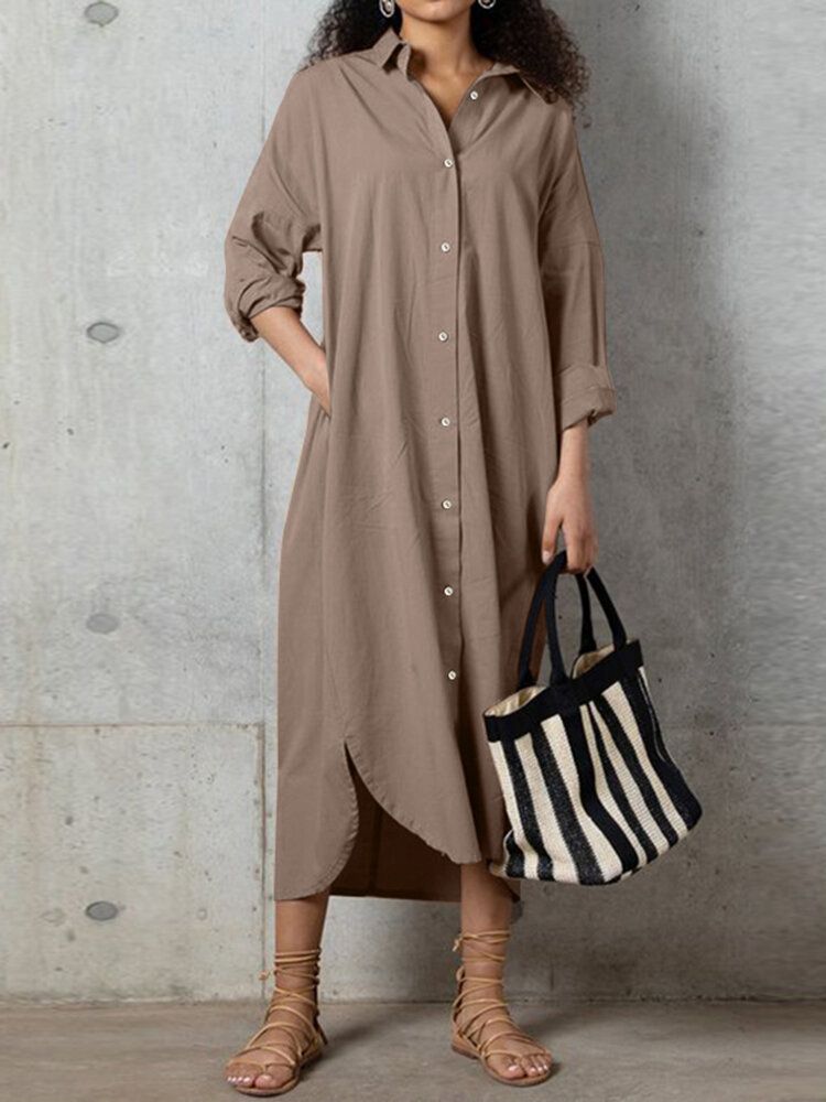 Mujeres Solapa Alto Bajo Dividido Dobladillo Liso Camisa Casual Maxi Vestidos Con Bolsillo