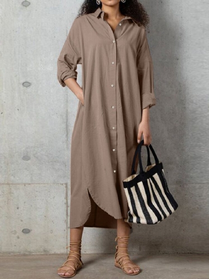 Mujeres Solapa Alto Bajo Dividido Dobladillo Liso Camisa Casual Maxi Vestidos Con Bolsillo