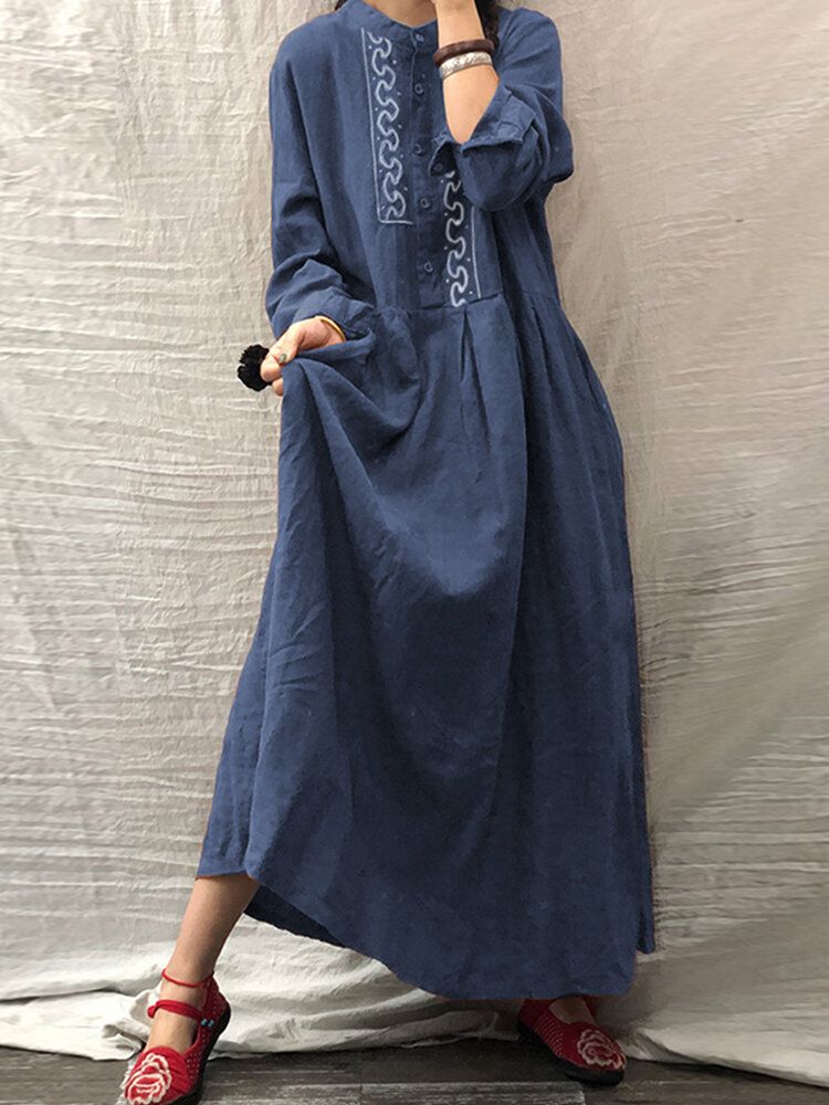 Mujeres Vintage Étnico Bordado Botón Frente Camisa De Manga Larga Maxi Vestidos