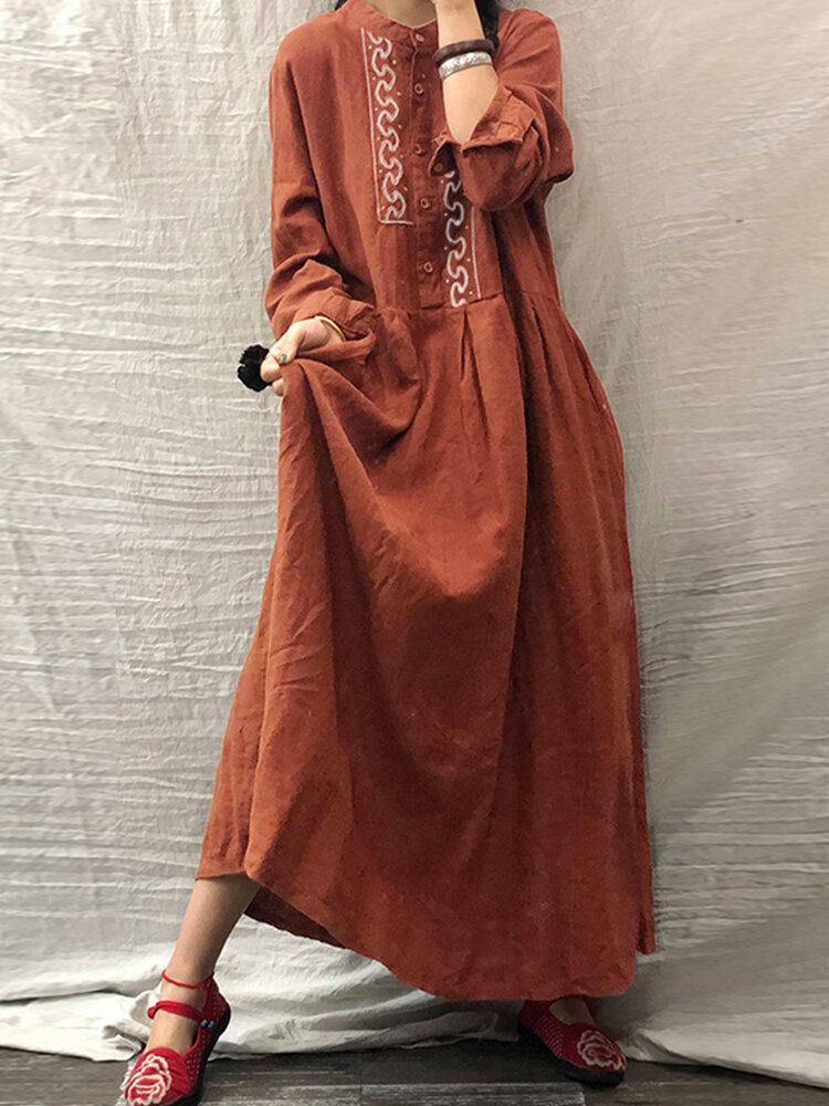 Mujeres Vintage Étnico Bordado Botón Frente Camisa De Manga Larga Maxi Vestidos