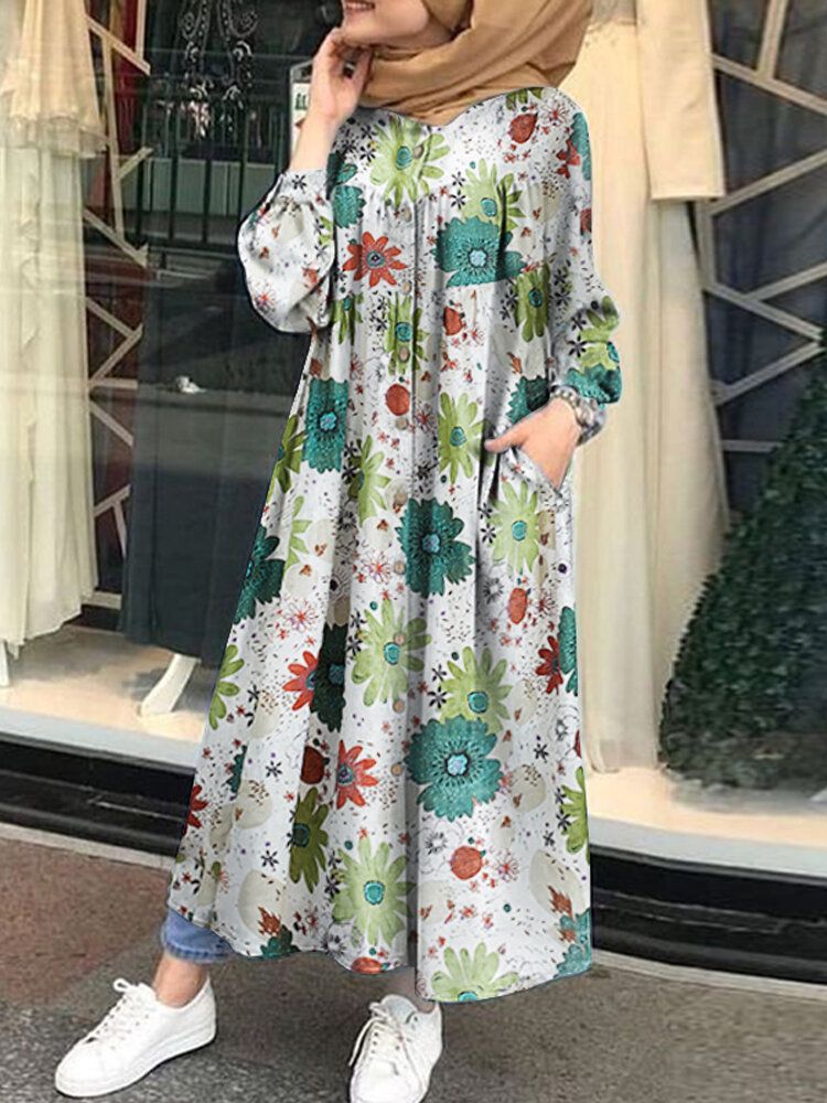 Mujeres Vintage O-cuello Manga Larga Estampado Floral Botón Camisa Retro Maxi Vestidos