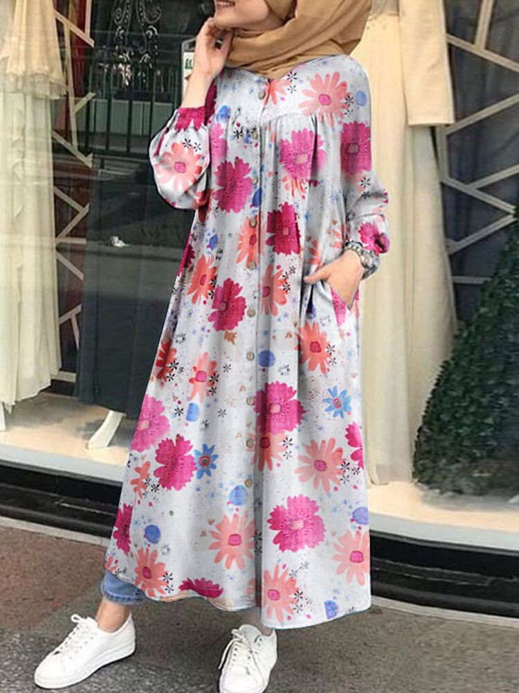 Mujeres Vintage O-cuello Manga Larga Estampado Floral Botón Camisa Retro Maxi Vestidos