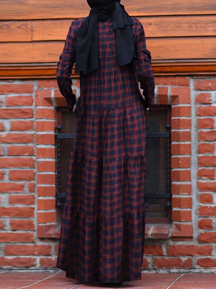 Mujeres Vintage Plaid Cuello Redondo Kaftan Casual Manga Larga Maxi Vestidos Con Bolsillo