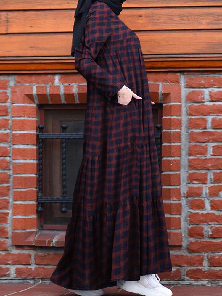 Mujeres Vintage Plaid Cuello Redondo Kaftan Casual Manga Larga Maxi Vestidos Con Bolsillo