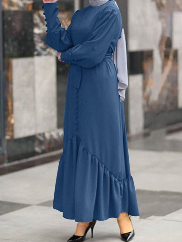 Mujeres Volantes Dobladillo Patchwork Color Sólido Con Cinturón Maxi Vestido Musulmán Abaya Kaftan