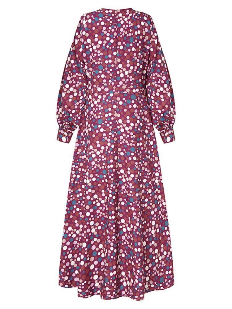 Polka Dot Print Cuello Redondo Manga Larga Cremallera Bohemia Casual Maxi Vestidos Para Mujer