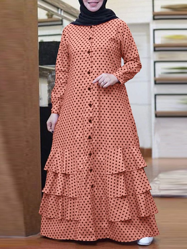 Polka Dot Ruffles Trim Button Manga Larga Camisa Bohemia Maxi Dress Para Mujer