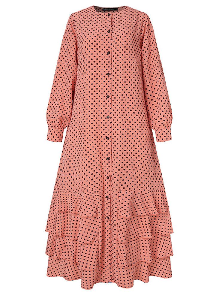 Polka Dot Ruffles Trim Button Manga Larga Camisa Bohemia Maxi Dress Para Mujer