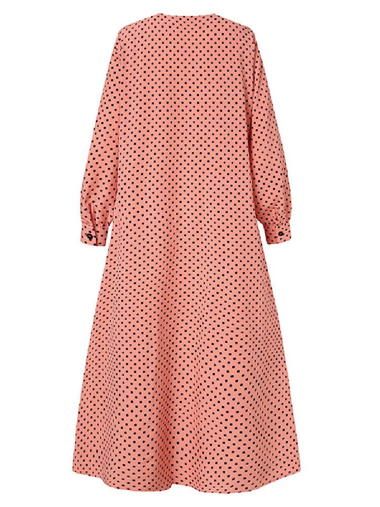 Polka Dot Ruffles Trim Button Manga Larga Camisa Bohemia Maxi Dress Para Mujer