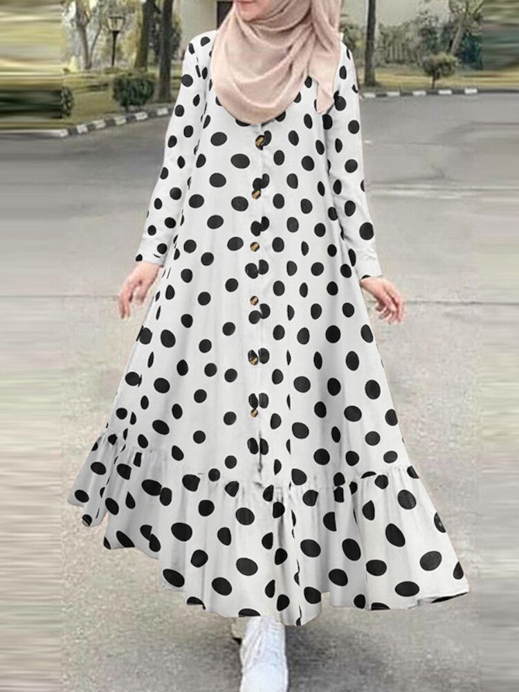 Polka Dots Print Button Down Front Manga Larga Volantes Dobladillo A Capas Vestido De Camisa Para Mujer