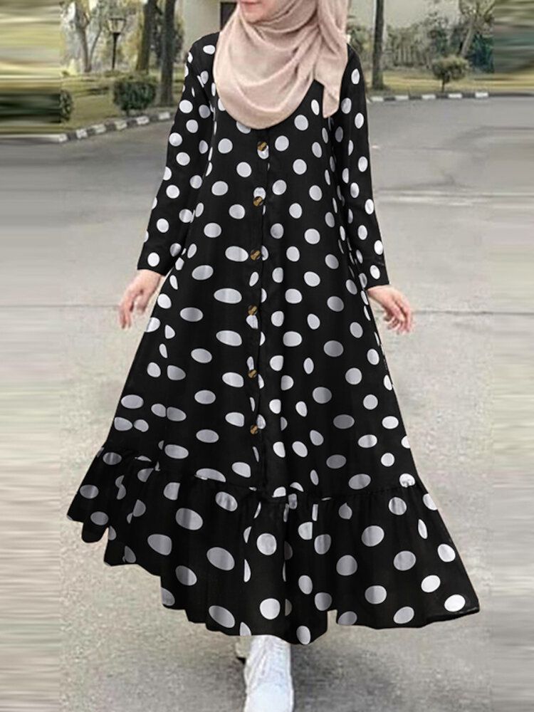 Polka Dots Print Button Down Front Manga Larga Volantes Dobladillo A Capas Vestido De Camisa Para Mujer