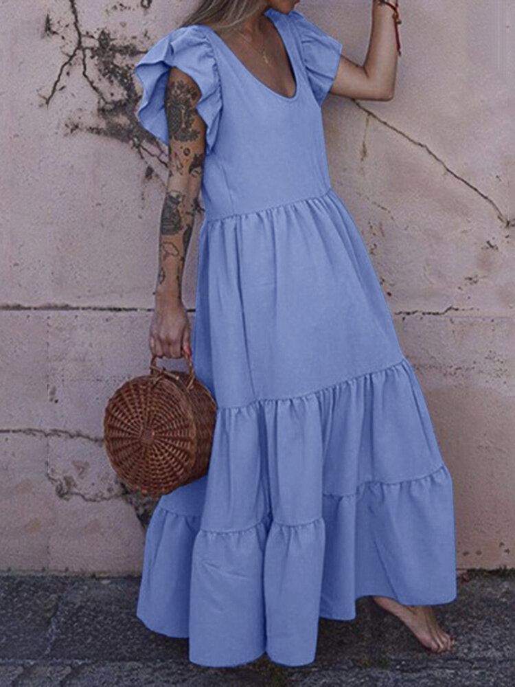 Vestido A Capas Con Cuello En U Informal Bohemio Y Manga Con Volantes De Color Sólido Para Mujer