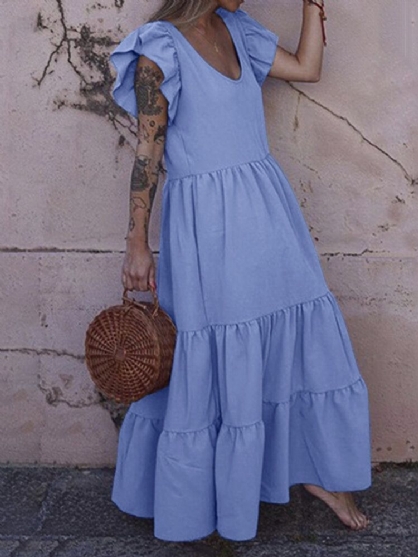 Vestido A Capas Con Cuello En U Informal Bohemio Y Manga Con Volantes De Color Sólido Para Mujer