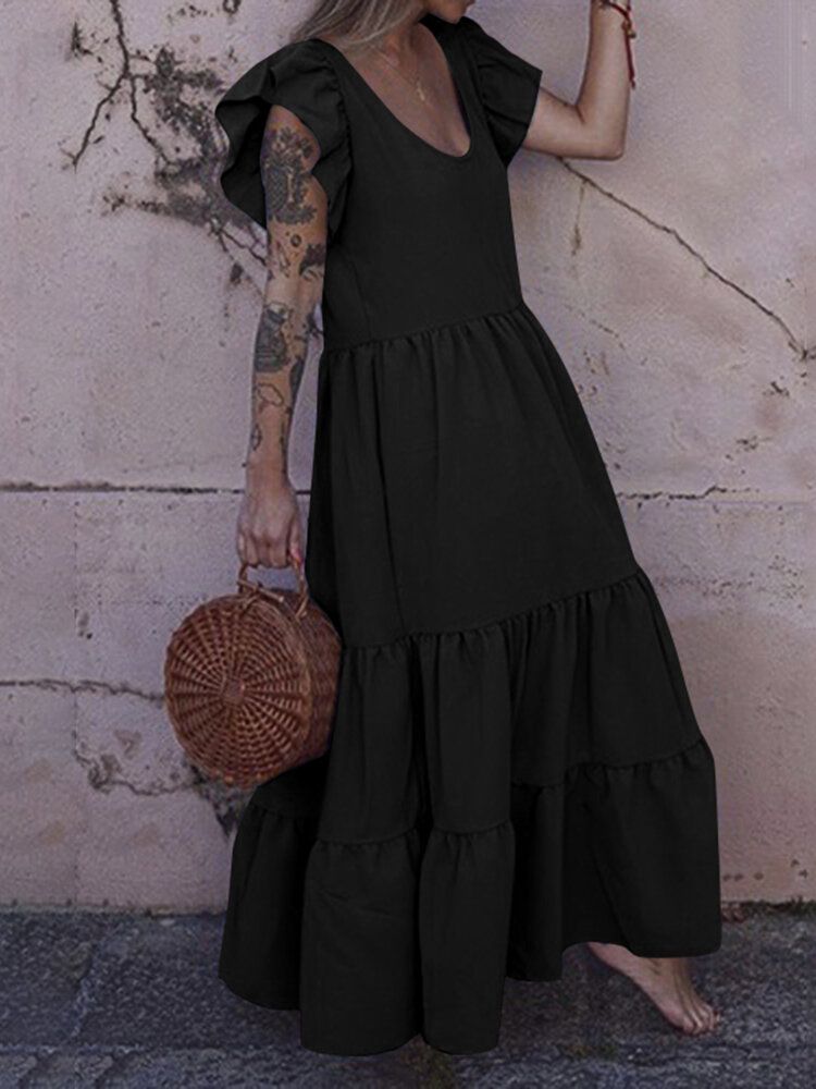 Vestido A Capas Con Cuello En U Informal Bohemio Y Manga Con Volantes De Color Sólido Para Mujer