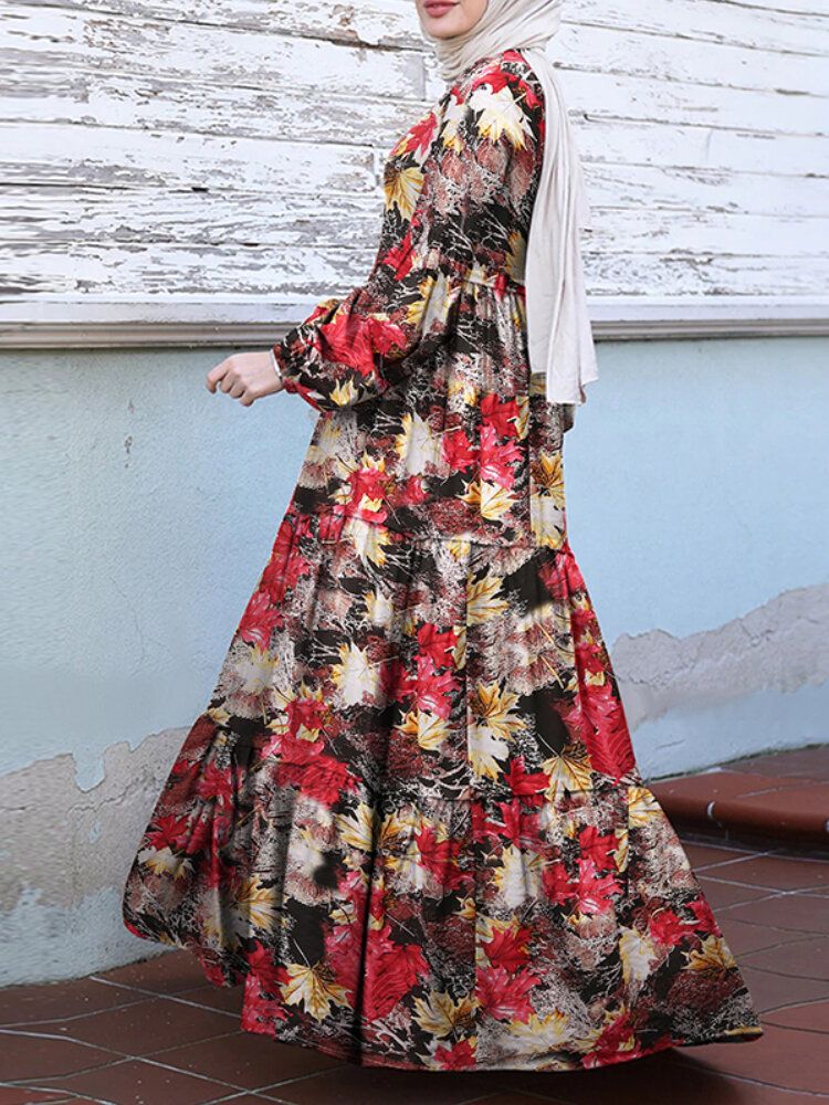 Vestido A Capas Con Mangas Abullonadas Y Estampado De Flores Vintage Para Mujer Con Bolsillos Laterales