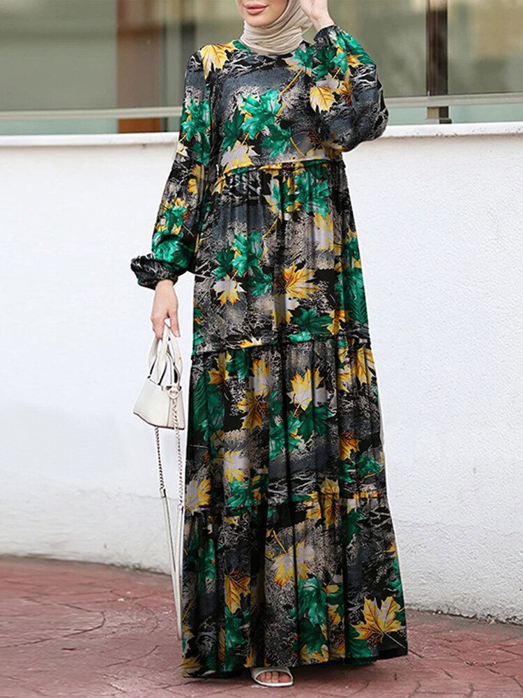 Vestido A Capas Con Mangas Abullonadas Y Estampado De Flores Vintage Para Mujer Con Bolsillos Laterales