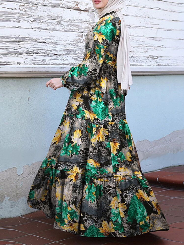 Vestido A Capas Con Mangas Abullonadas Y Estampado De Flores Vintage Para Mujer Con Bolsillos Laterales