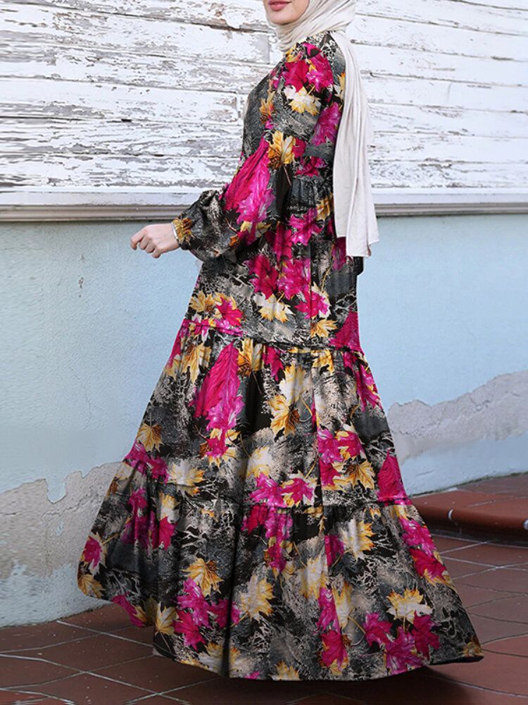 Vestido A Capas Con Mangas Abullonadas Y Estampado De Flores Vintage Para Mujer Con Bolsillos Laterales