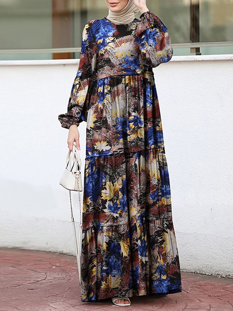 Vestido A Capas Con Mangas Abullonadas Y Estampado De Flores Vintage Para Mujer Con Bolsillos Laterales