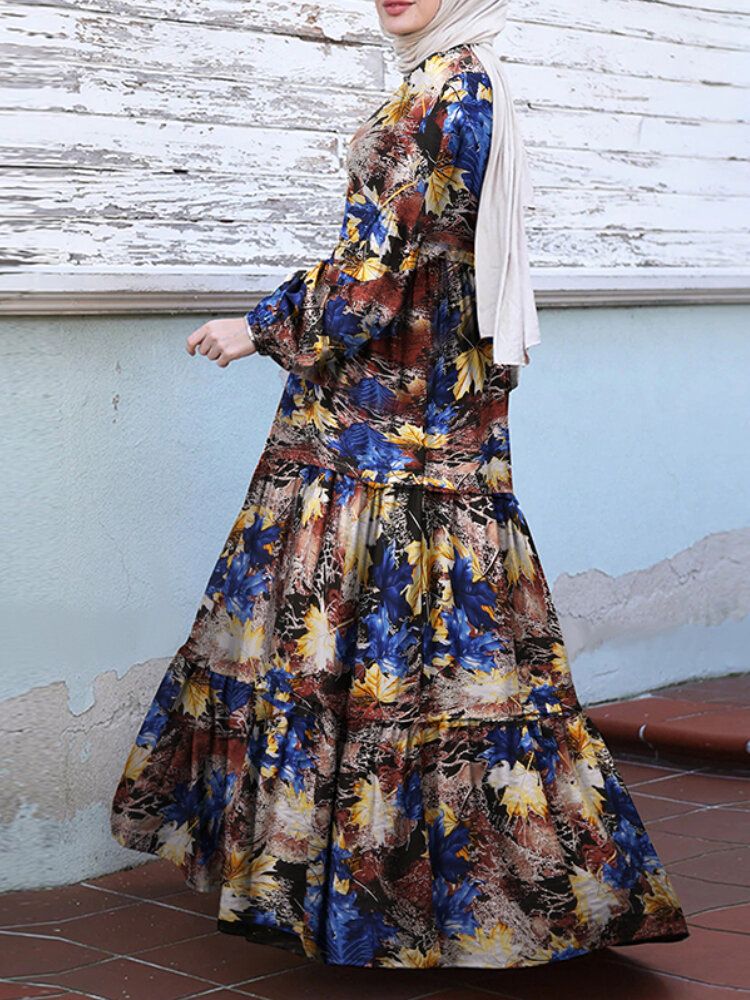 Vestido A Capas Con Mangas Abullonadas Y Estampado De Flores Vintage Para Mujer Con Bolsillos Laterales