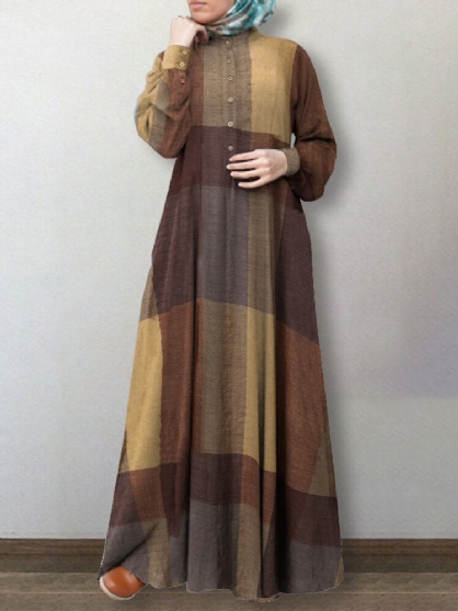 Vestido Abaya Kaftan Con Manga Abullonada Y Estampado A Cuadros Para Mujer