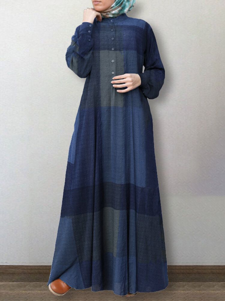 Vestido Abaya Kaftan Con Manga Abullonada Y Estampado A Cuadros Para Mujer