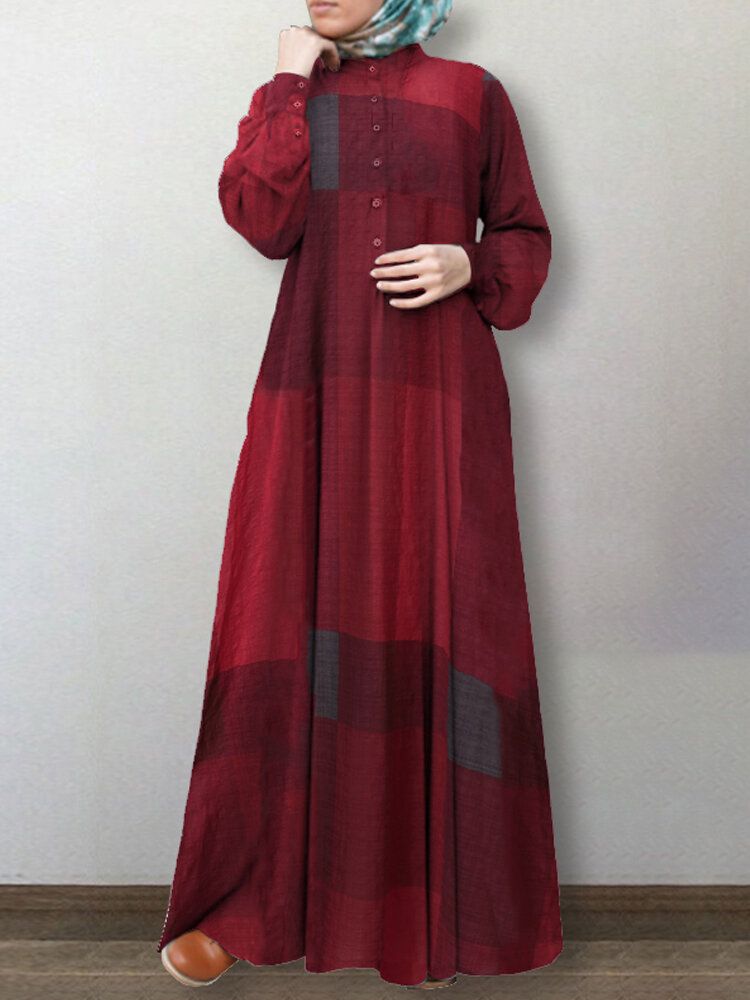 Vestido Abaya Kaftan Con Manga Abullonada Y Estampado A Cuadros Para Mujer