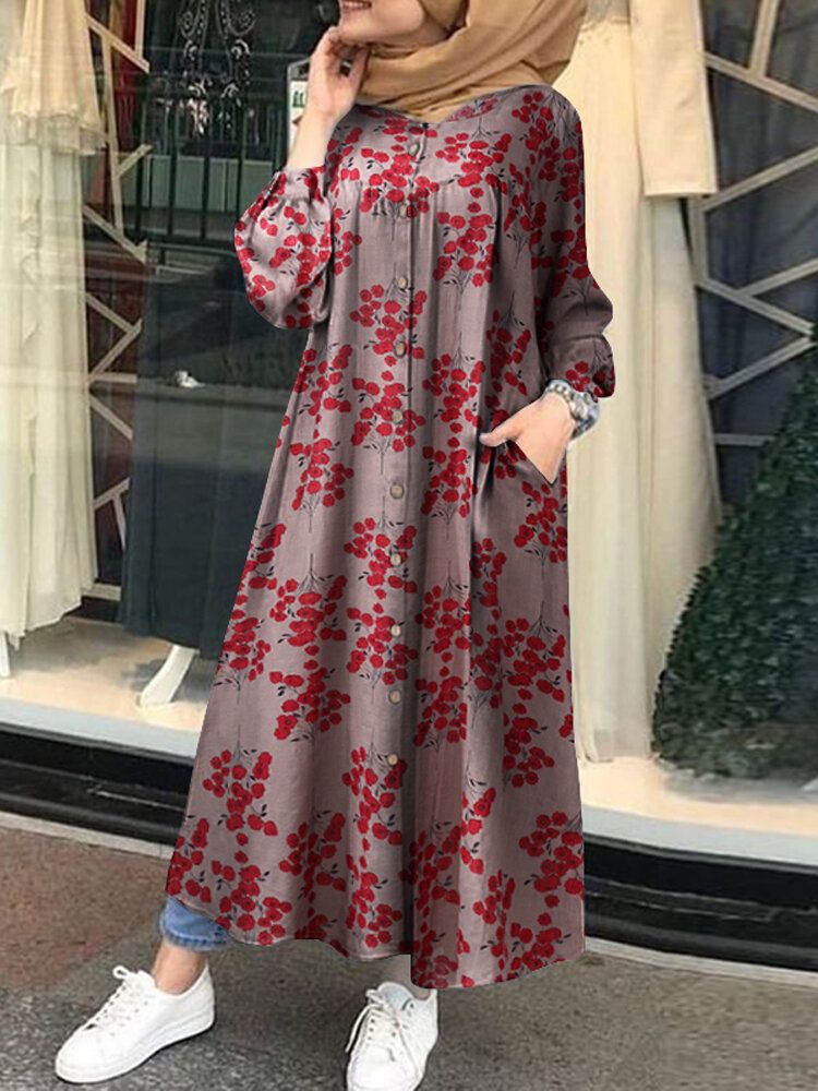 Vestido De Camisa Maxi Con Bolsillo Kaftan Con Cuello Redondo Y Estampado Floral Retro Para Mujer