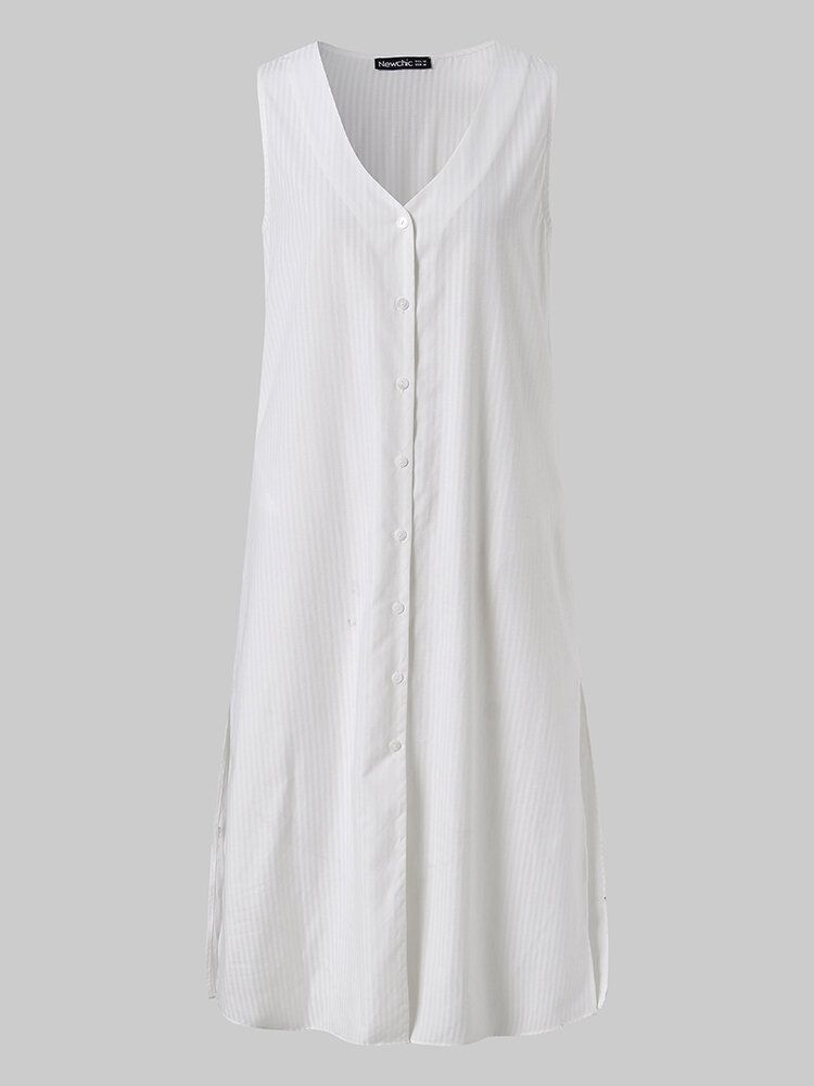 Vestido De Camisa Maxi Informal Liso Sin Mangas Dividido Con Cuello En V Y Botones De Color Sólido Para Mujer