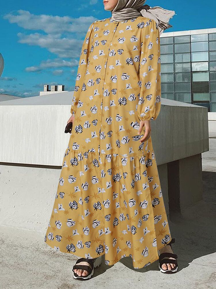 Vestido De Camisa Maxi Informal De Vacaciones Bohemias Con Cuello Alto Y Estampado Floral Con Mangas Abullonadas