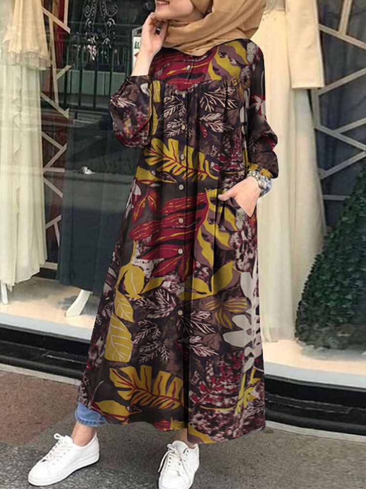 Vestido De Camisa Maxi De Manga Larga Con Estampado De Hojas Florales Retro De Mujer Con Bolsillo