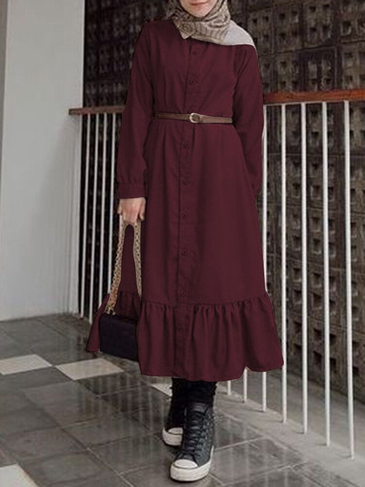 Vestido De Camisa Maxi De Túnica Caftán Con Dobladillo Con Volantes Y Solapa De Color Sólido Para Mujer (sin Incluir Cinturones)