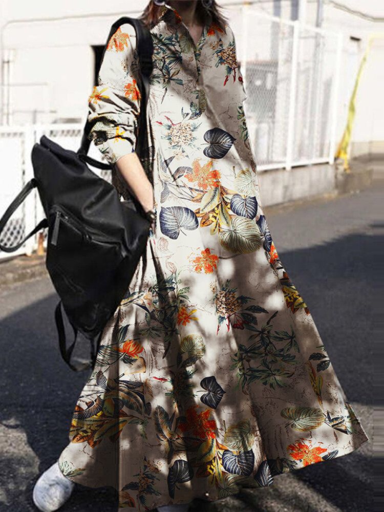 Vestido De Camisa Suelta Con Cuello Vuelto De Algodón Con Estampado Floral Retro Para Mujer Con Bolsillo