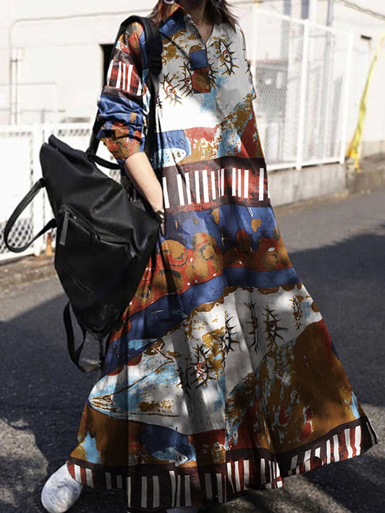 Vestido De Camisa Suelta Con Cuello Vuelto De Algodón Con Estampado Floral Retro Para Mujer Con Bolsillo