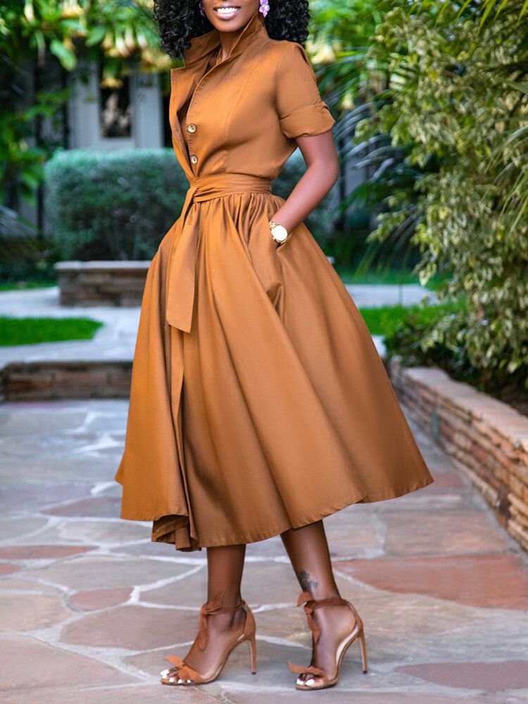 Vestido Camisero Informal Con Pliegues De Color Sólido Para Mujer Con Fajas