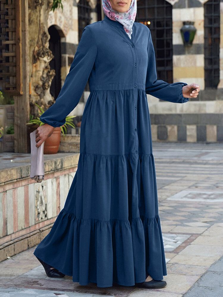 Vestido En Capas De Bata De Kaftan Empalmada Con Pliegues Con Cuello En O De Color Liso Para Mujer