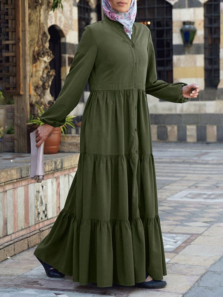 Vestido En Capas De Bata De Kaftan Empalmada Con Pliegues Con Cuello En O De Color Liso Para Mujer