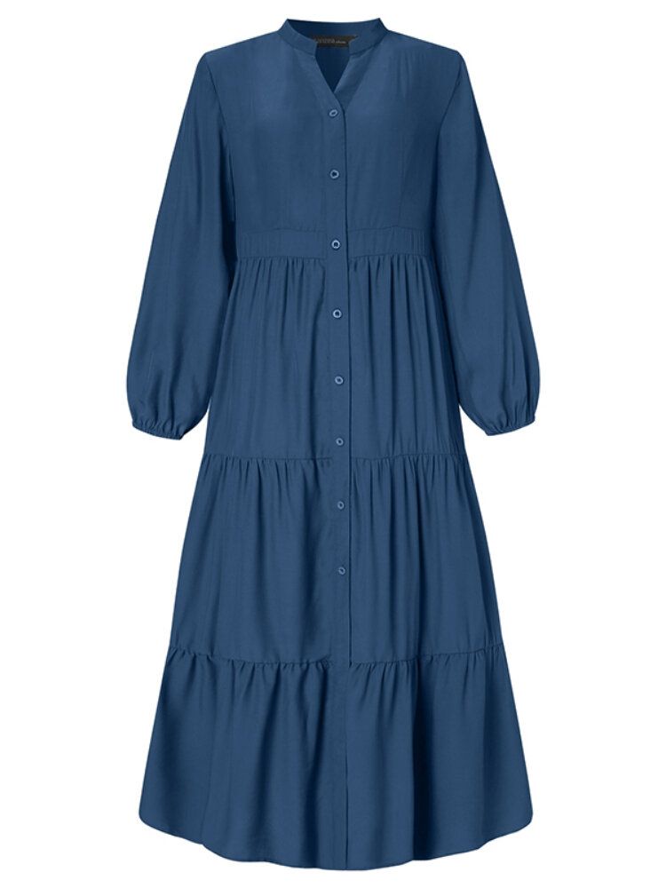 Vestido En Capas De Bata De Kaftan Empalmada Con Pliegues Con Cuello En O De Color Liso Para Mujer