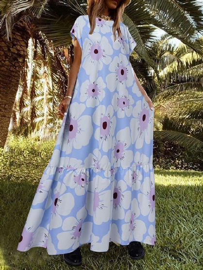 Vestido En Capas Informal De Manga Corta Con Estampado De Flores Y Cuello Redondo Para Mujer