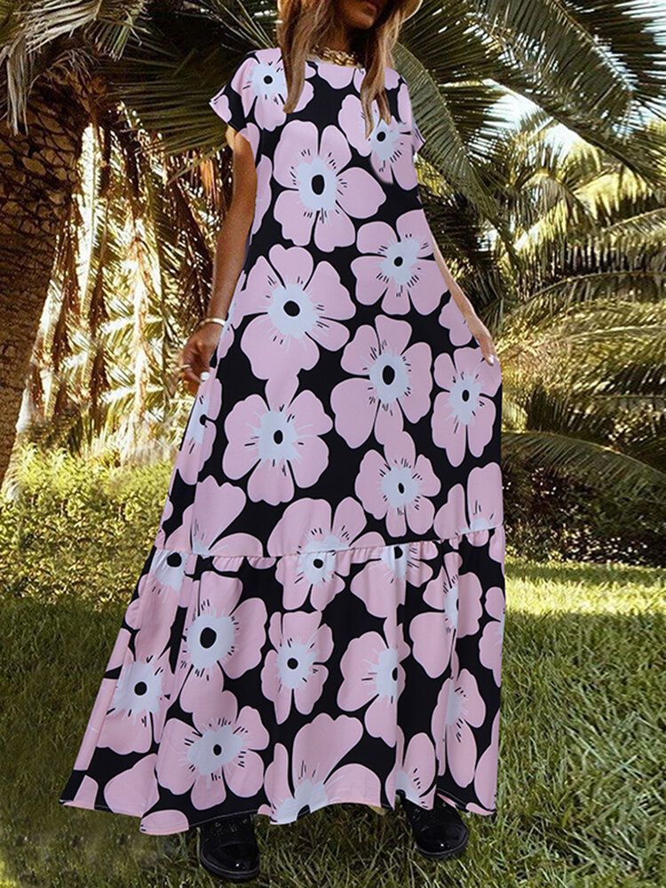 Vestido En Capas Informal De Manga Corta Con Estampado De Flores Y Cuello Redondo Para Mujer