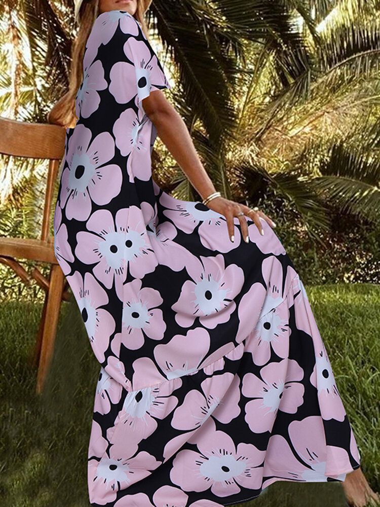 Vestido En Capas Informal De Manga Corta Con Estampado De Flores Y Cuello Redondo Para Mujer