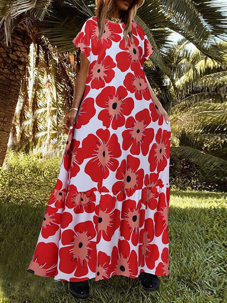 Vestido En Capas Informal De Manga Corta Con Estampado De Flores Y Cuello Redondo Para Mujer