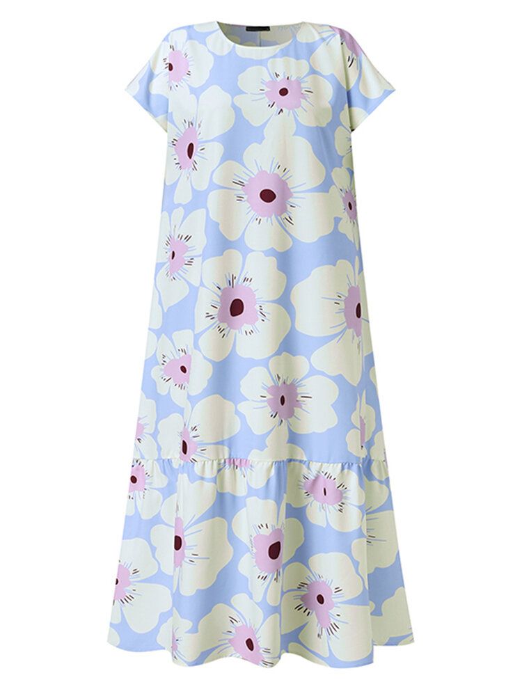 Vestido En Capas Informal De Manga Corta Con Estampado De Flores Y Cuello Redondo Para Mujer