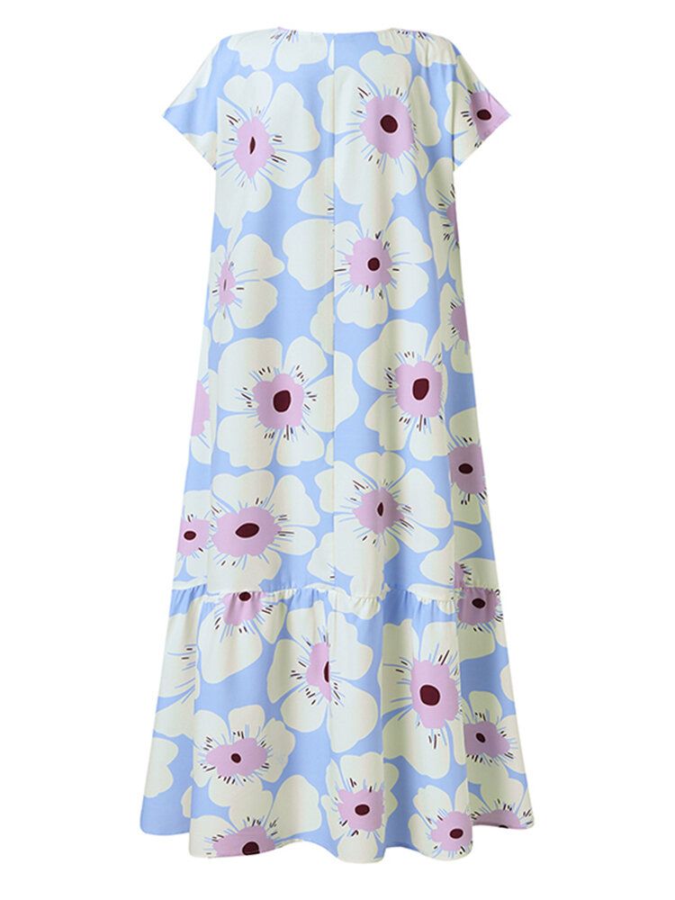 Vestido En Capas Informal De Manga Corta Con Estampado De Flores Y Cuello Redondo Para Mujer