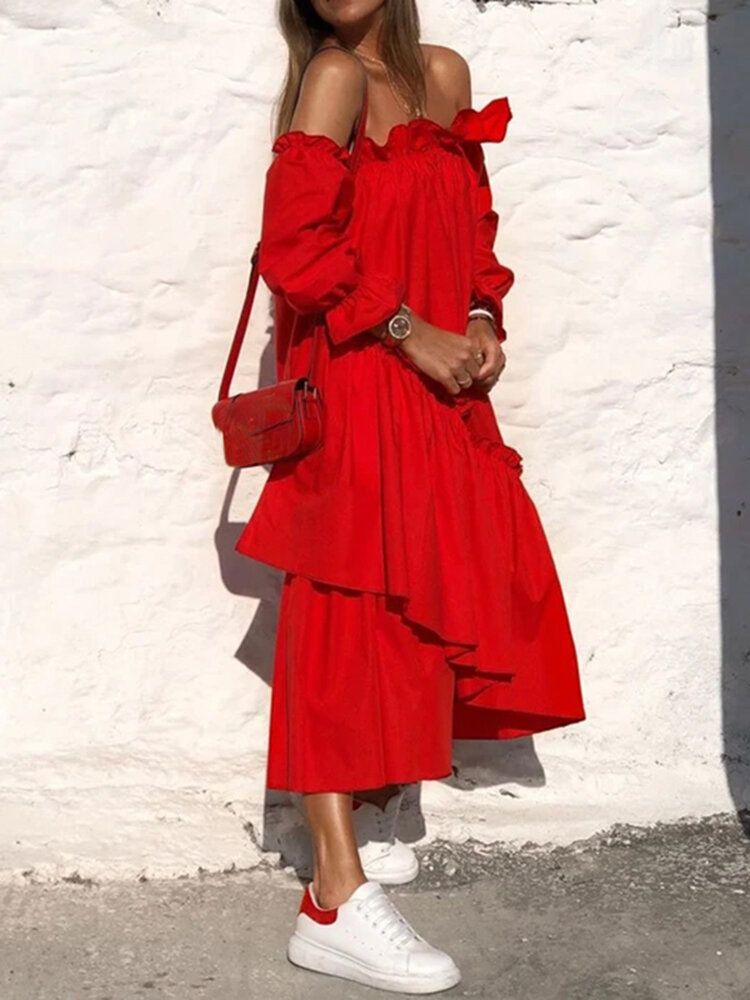 Vestido En Capas Informal De Vacaciones De Color Sólido Con Volantes Plisados Y Hombros Descubiertos Para Mujer