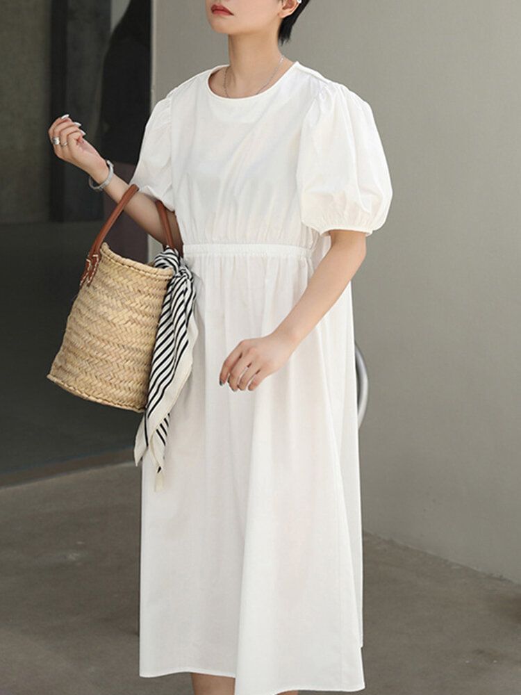 Vestido Casual De Cintura Elástica Con Cuello Redondo Y Manga Abullonada De Color Sólido De Algodón Para Mujer