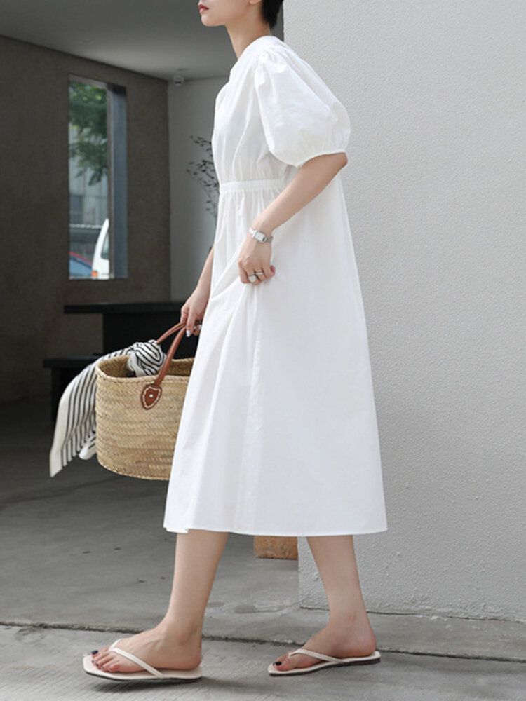 Vestido Casual De Cintura Elástica Con Cuello Redondo Y Manga Abullonada De Color Sólido De Algodón Para Mujer