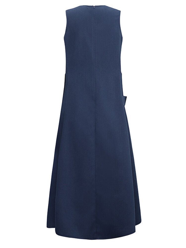 Vestido Casual De Color Sólido Sin Mangas Con Escote En O En La Parte Delantera Y Dividida Para Mujer